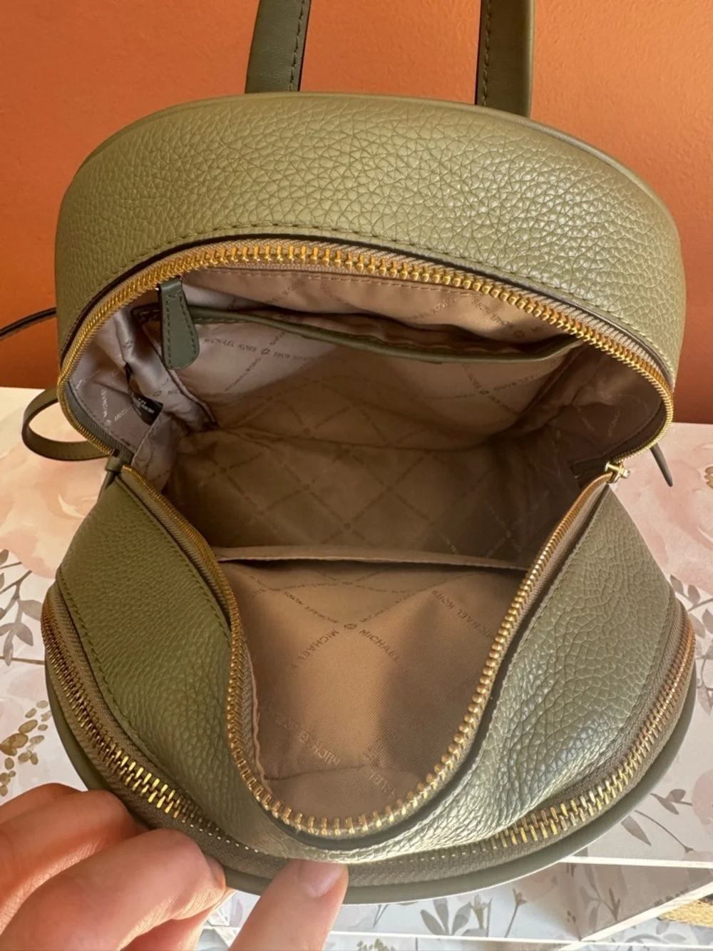 Michael Kors Olive Green Leather Backpack with Gold Hardwarw– Medium - Picture 8 of 12